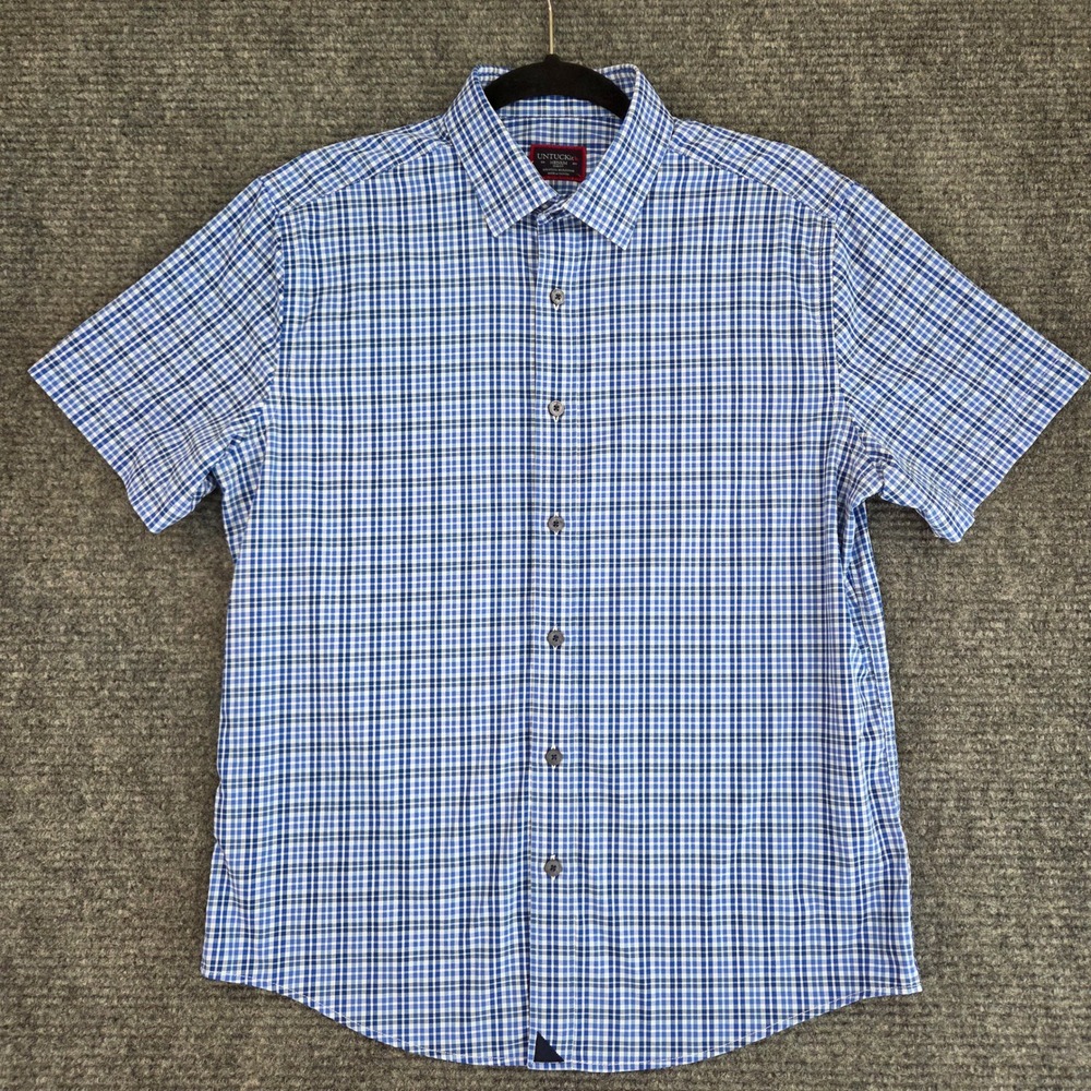 UNTUCKit Nealer Slim Fit Performance Blue Plaid Short Sleeve Shirt Mens Medium